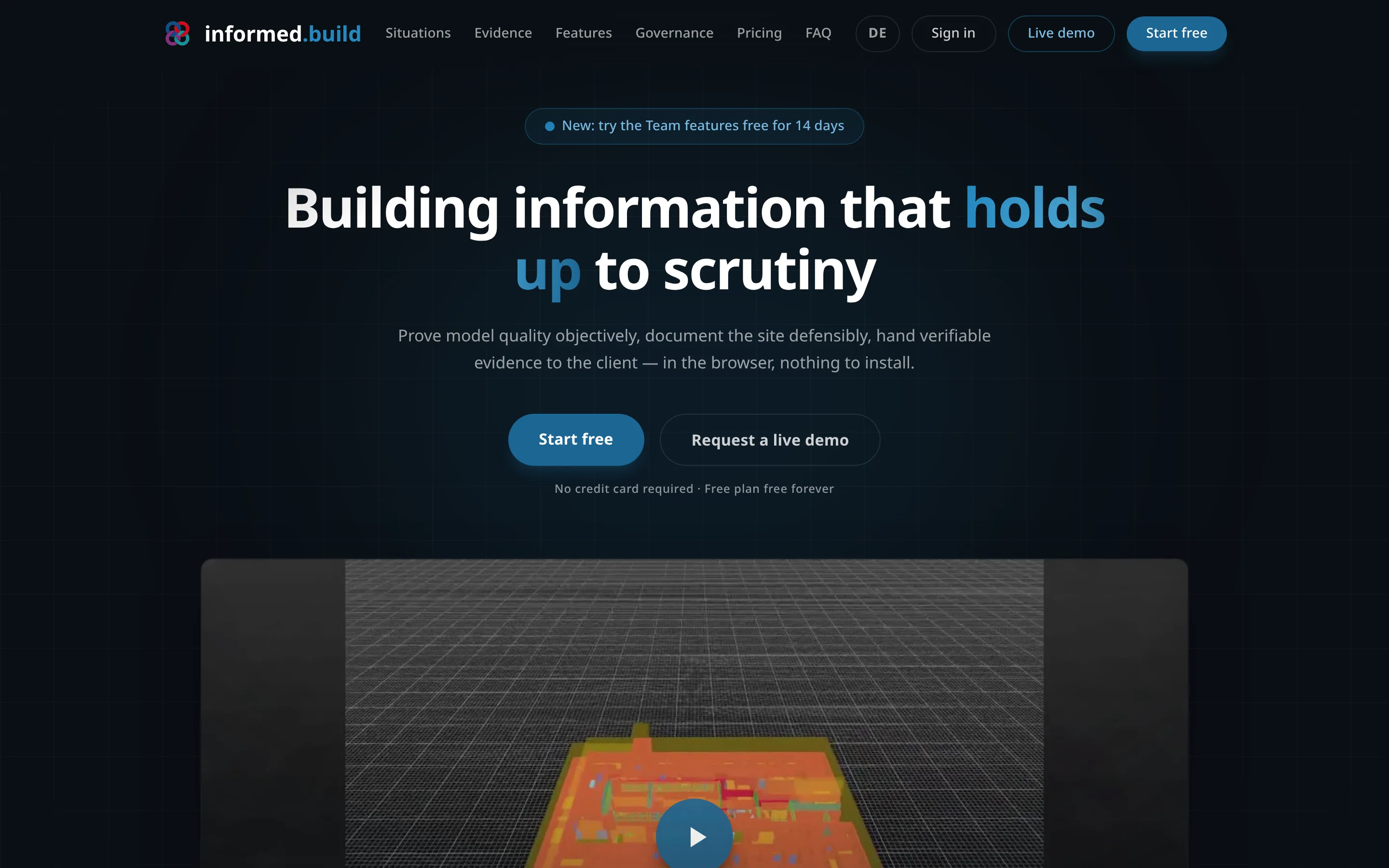 informed.build: Startseite der gemeinsamen Datenumgebung mit 3D-Modellprüfung im Browser