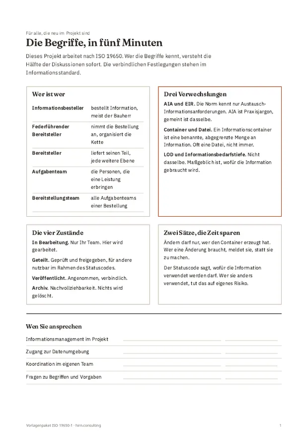 Einseiter für neue Projektbeteiligte mit den wichtigsten Begriffen