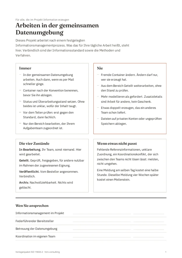 Einseiter für das Aufgabenteam mit den Spalten Immer und Nie und den vier Zuständen der gemeinsamen Datenumgebung
