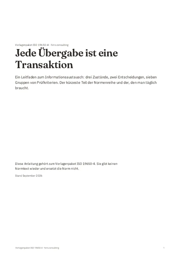 Titelseite des Leitfadens mit dem Titel Jede Übergabe ist eine Transaktion