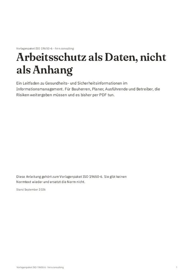 Titelseite des Leitfadens mit dem Titel Arbeitsschutz als Daten, nicht als Anhang